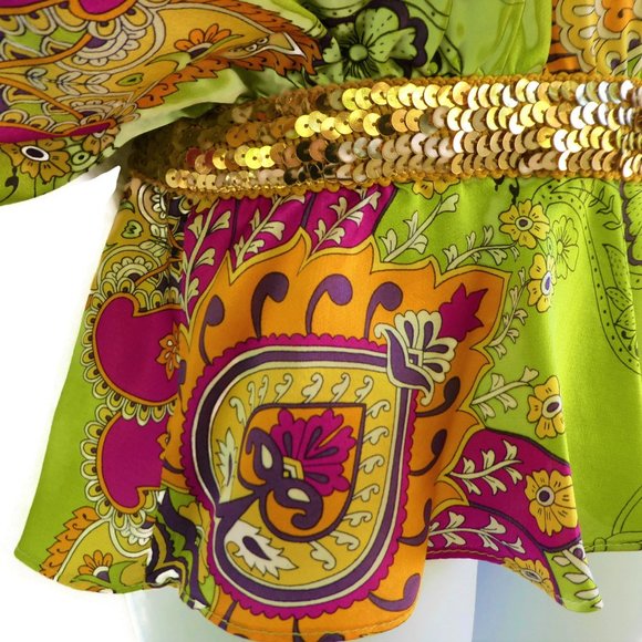 SOLD Evolve Kimono Top Sequin Waist Lime Pink  Butterfly Lotus New Age USA - Picture 5 of 10